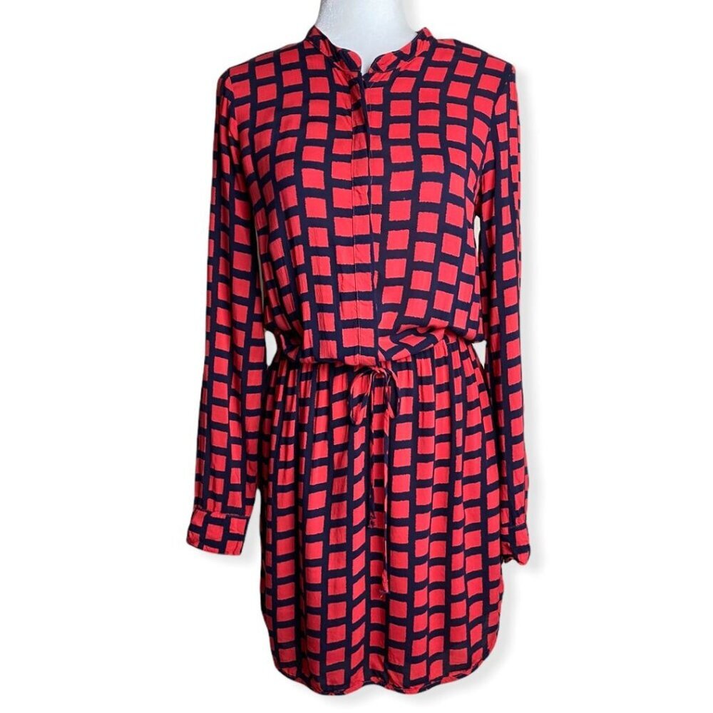 Splendid Drawstring Shirt Dress Red/Blue Geometric Print Boyfriend Women's SZ S